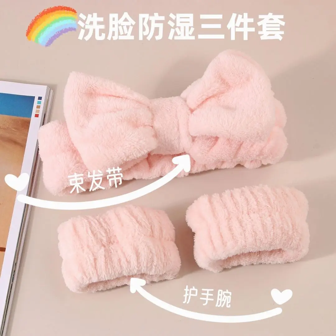 Dây Buộc Tóc Thấm Nước, Bộ Ba Mảnh, Làm Bằng Lông Cừu San Hô, Dây Đeo Cổ Tay Dành Cho Phụ Nữ, Chăm Sóc Da Rửa, Dụng Cụ Chống Ướt Nhà Tắm