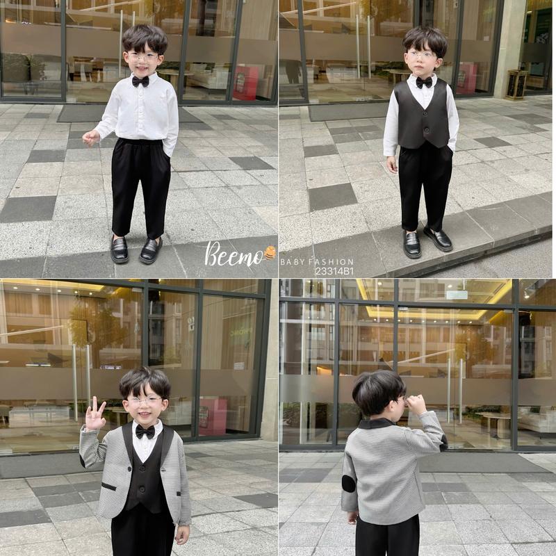  Set bộ vest gile Beemo cho bé trai 5 chi tiết  áo khoác vest,áo gile,sơ mi,quần,nơ  vải chéo Hàn mặc sự kiện 23314B1 