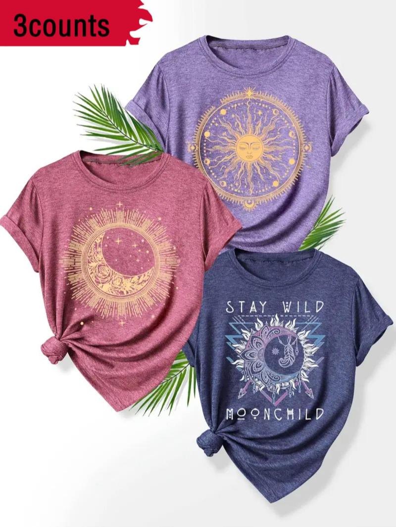 Product Introduction of Women's Vintage Moon & Sun Print Round Neck Tee, Casual Letter Print Short Sleeve T-shirt for Summer, Ladies Clothes for Daily Wear 4
