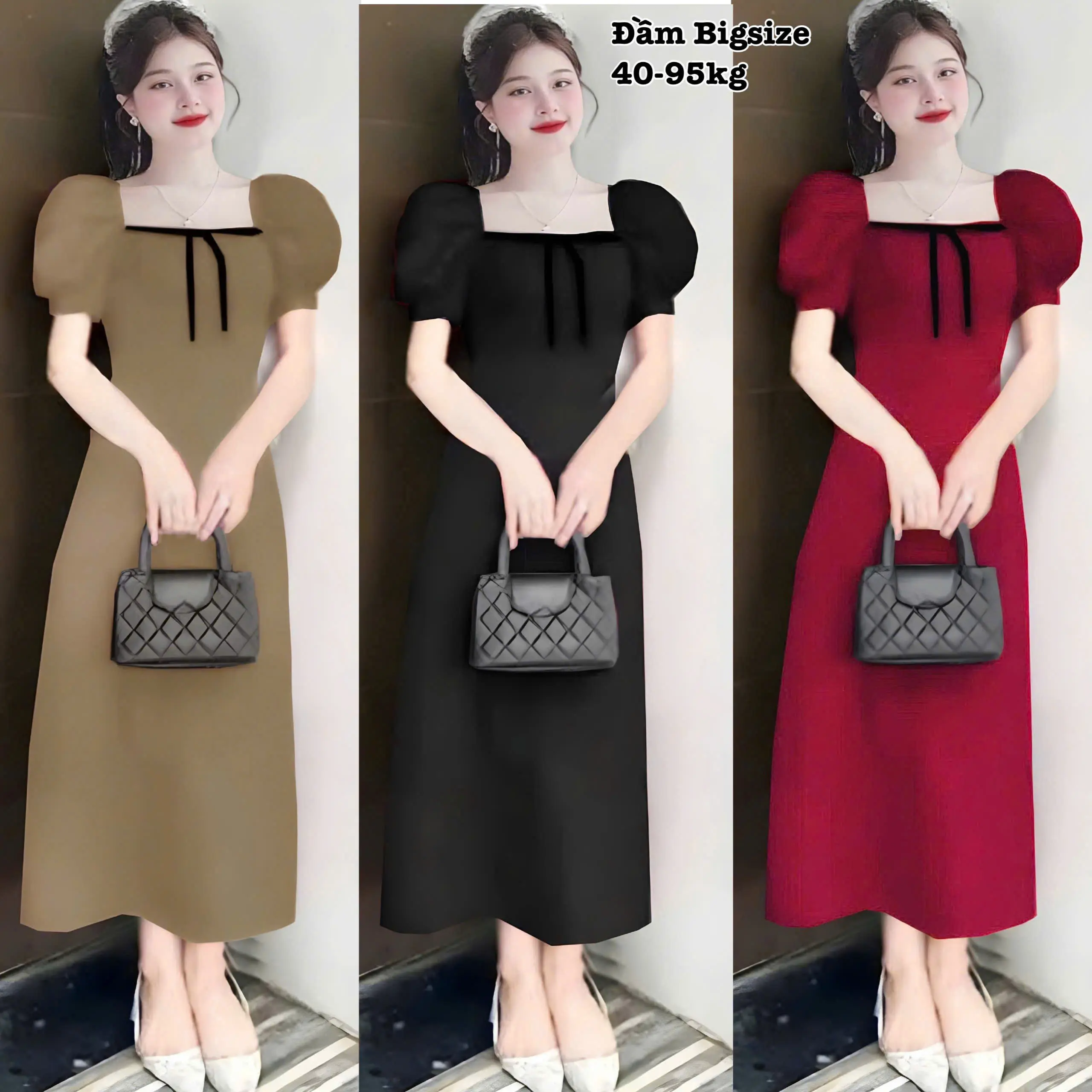 Thời Trang Bigsize - Váy Đầm Bigsize Cổ Vuông Xếp Ly Thắt Nơ Vải Lụa Chéo Thái Thiết Kế Dự Tiệc Nữ Cao Cấp Xinh Đẹp Sang Trọng Dễ Thương Giá Rẻ 40-95kg ennhobigsize Khuy Voan Đen Dress Kim Tuyến