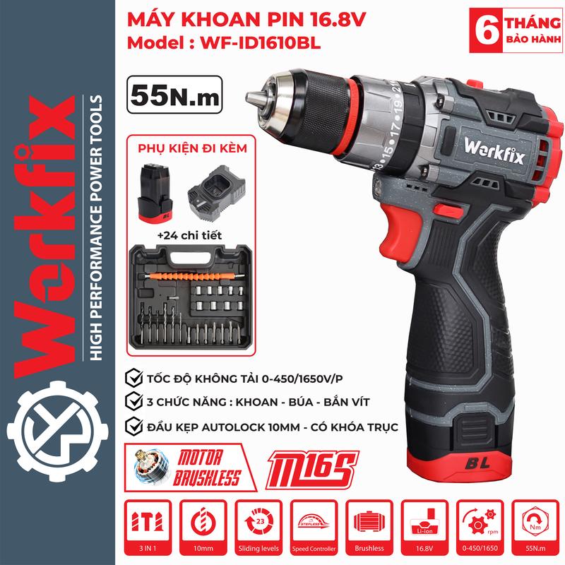 Máy Khoan Pin Mini WORKFIX 16.8V - ID1610BL Màu Xám, Đầu kẹp 10mm autolock, tặng kèm bộ phụ kiện 24 chi tiết