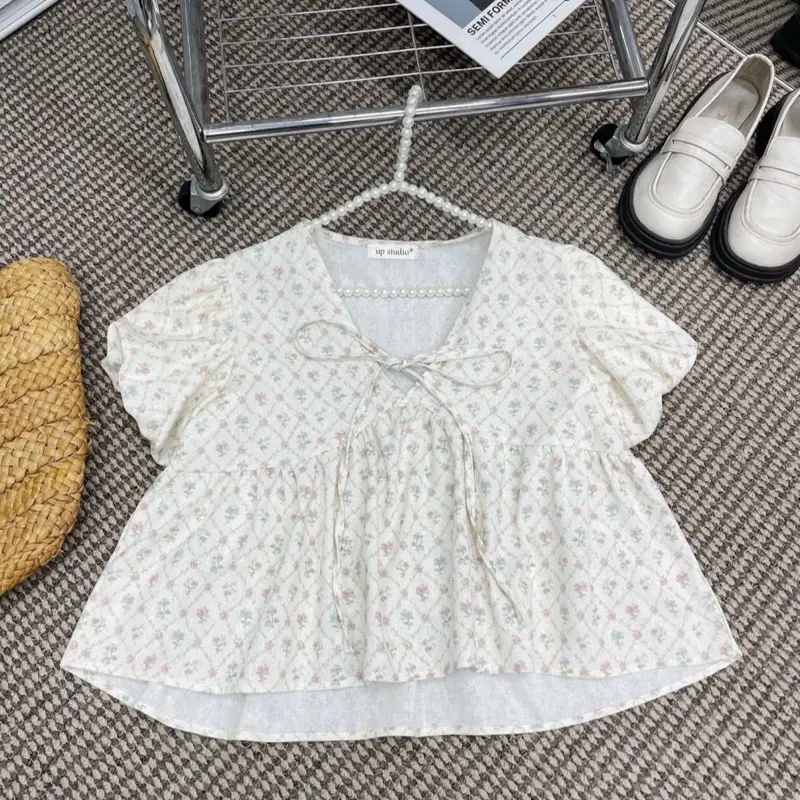 Áo Babydoll hoa nhí buộc nơ cổ chữ V chất vải linen NAP