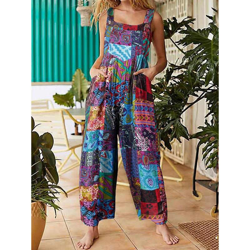 Women Jumpsuits Summer Overalls Multicolor Ethnic Style Square Neck Sleeveless Casual Rompers with Pockets for Girls Playsuit 0