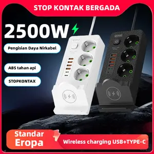 Power Socket 2500W Kabel 2M 4 USB + 1 Type-C + 3 Lubang Stop Kontak dengan Wireless Charging