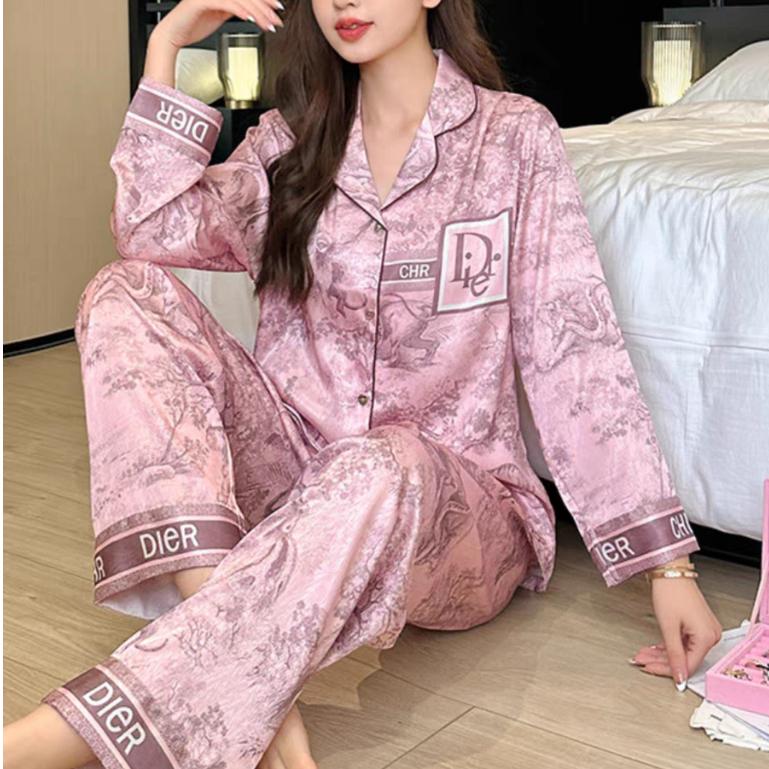 Piyama wanita kardigan sutra es baru yang dipakai di rumah dengan tinta set Celana Panjang Pendek Satin Atasan Setelan 4