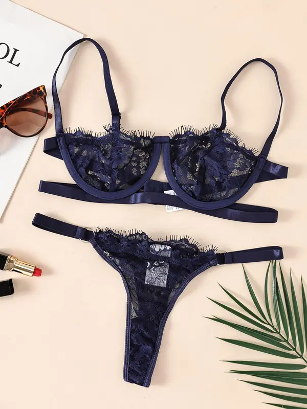 Womenswear Minimalist Lace Bra & Thong Set, Breathable Adjustable Strap Wireless Bra & Ring Linked Panty Sexy Lingeries Set, Valentine's Day Gift, Summer Wear 2024, Comfortable Co Ord Underwear Set, Tall Clothing Women 7
