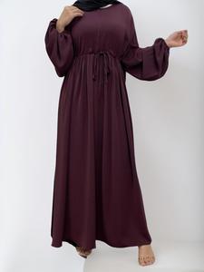 New Arabic Clothing-Tie Front Long Sleeve Maxi Arabian Kaftan Dress, Summer Outfits 2024, Bishop Sleeve Drawstring Waist Loose Muslim Long Dresses, Women's Islamic Clothing