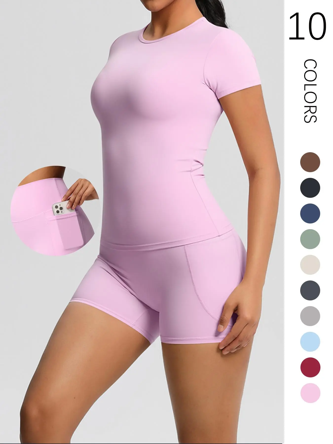 Women's Solid Color Ribbed Tracksuit Set, Breathable Quick Drying Crop Tee & Skinny Shorts Set, Ladies Sportswear for Indoor Outdoor Wear