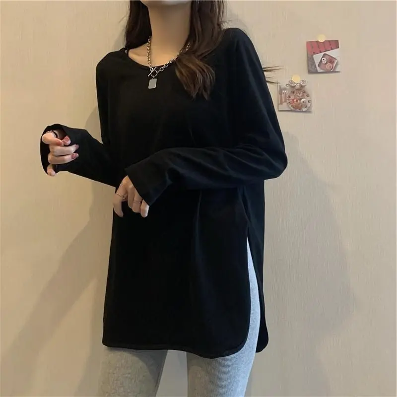 【40-150KG】Spring And Autumn Split Plus Size Long Sleeve Mid-Length T-Shirt For Women C14578