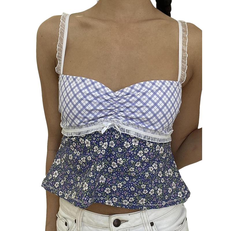 coat, Women Plaid Floral Print Camisoles Lace Trim Sleeveless Sling Tank Tops Summer Slim Fit Vests Crop Tops Streetwear 2