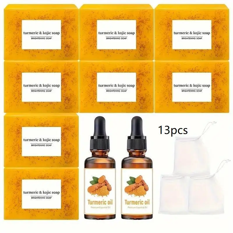 Turmeric Soap & Essential Oil Set, 8 Counts Turmeric Soap & 2 Counts Turmeric Essential Oil & 3 Counts Soap Bag, Facial and Body Moisturizing Skincare Oil, Men's and Women's Daily Skincare Set, Acne 0