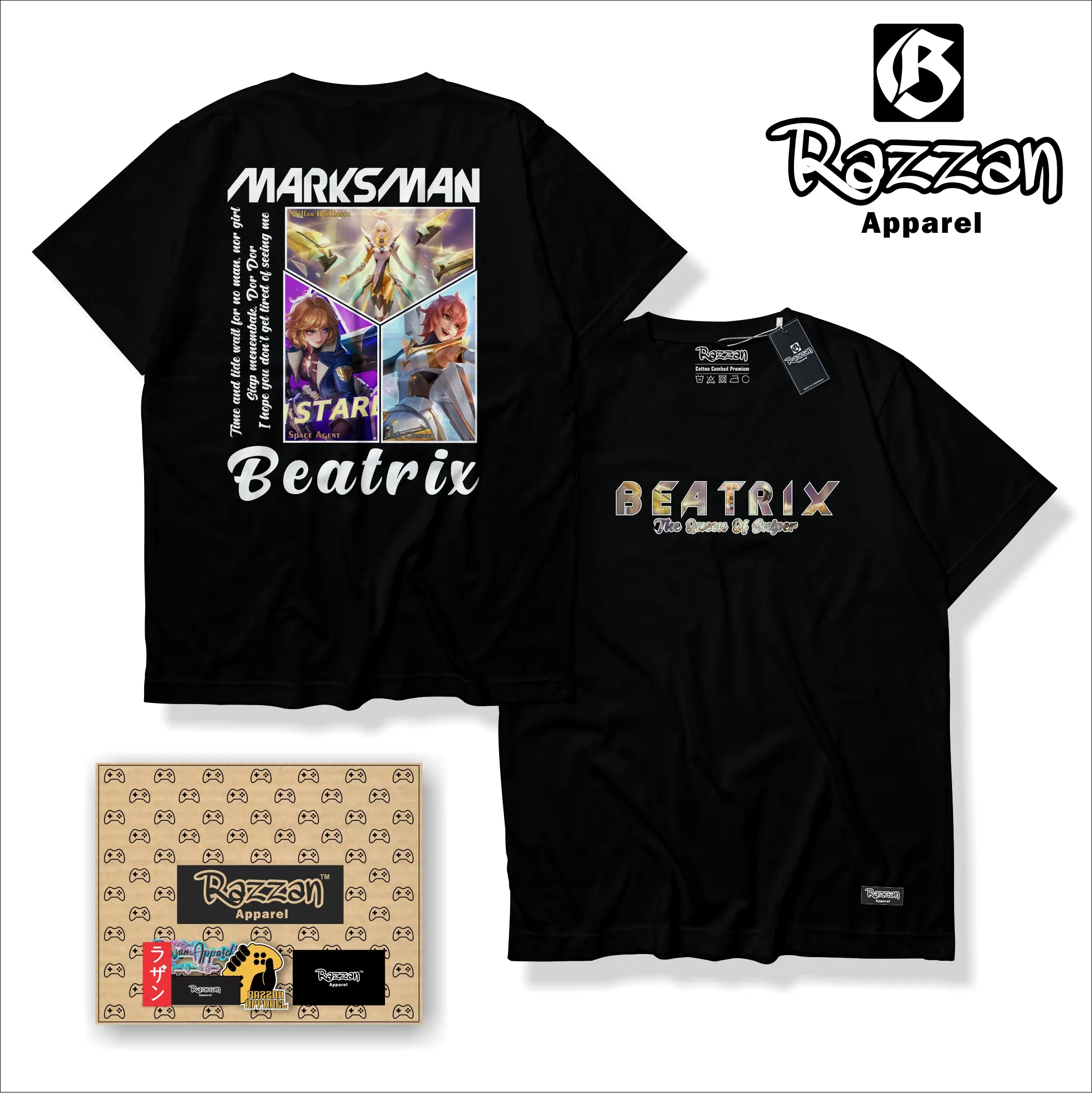 RAZZAN APPAREL KAOS DISTRO GAMING HERO MLBB BEATRIX MARKSMAN PREMIUM QUALITY BAJU GAMING KUALITAS DISTRO TERMURAH