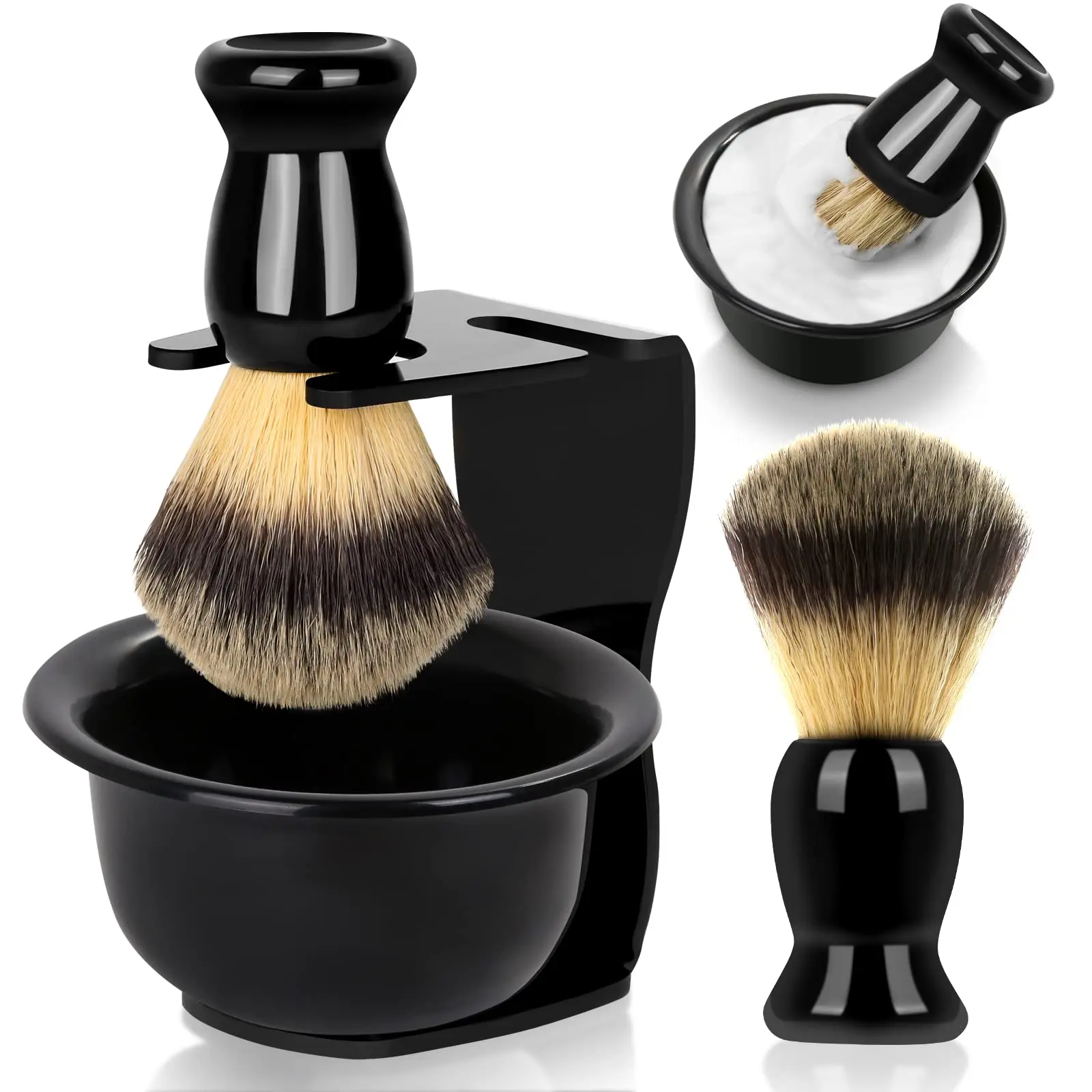 Beard Brush & Bowl Set, 1 Count Beard Shaving Brush & 1 Count Bowl & 1 Count Shaver Holder, Professional Beard Care Tool for Men, Perfect Soft Gift for Men