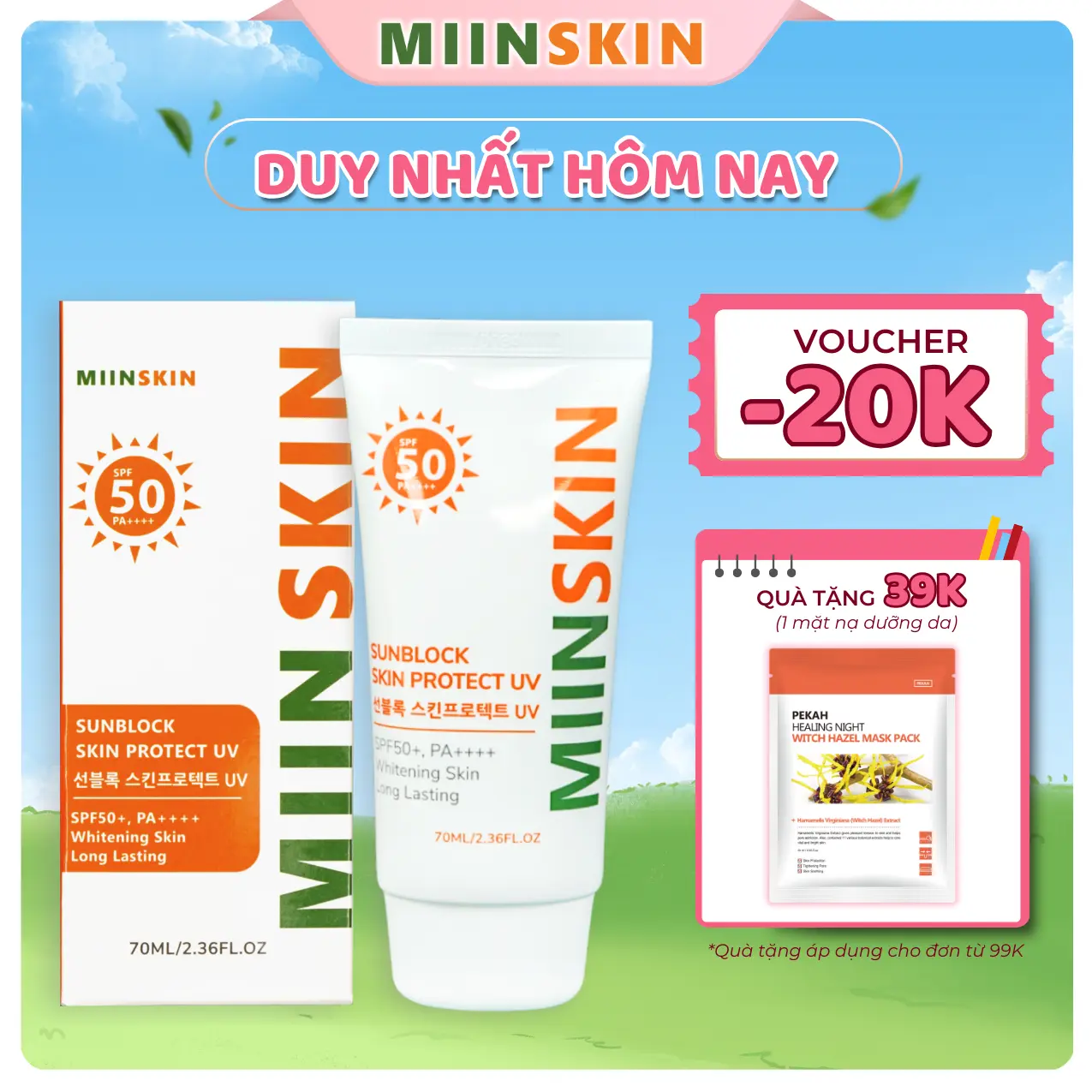 Kem chống nắng hỗ trợ nâng tone MIINSKIN Sunblock Skin Protect UV SPF50+/PA++++ 70ml