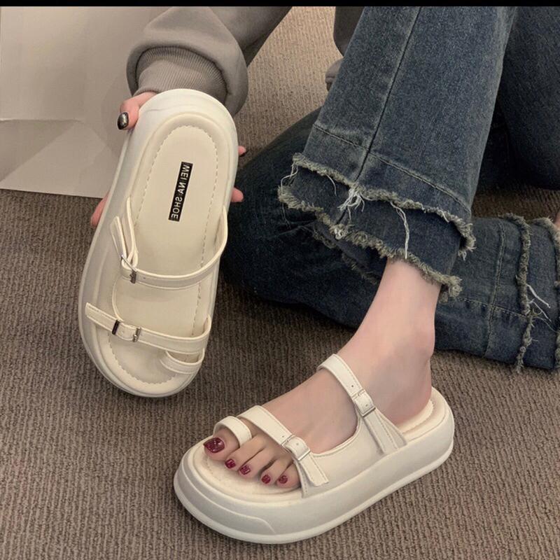 Dép nữ xỏ ngón đế bánh mì quai da khoá mảnh SUNDAY DéP Shoes GiàY Nhung Sandal Jean 6