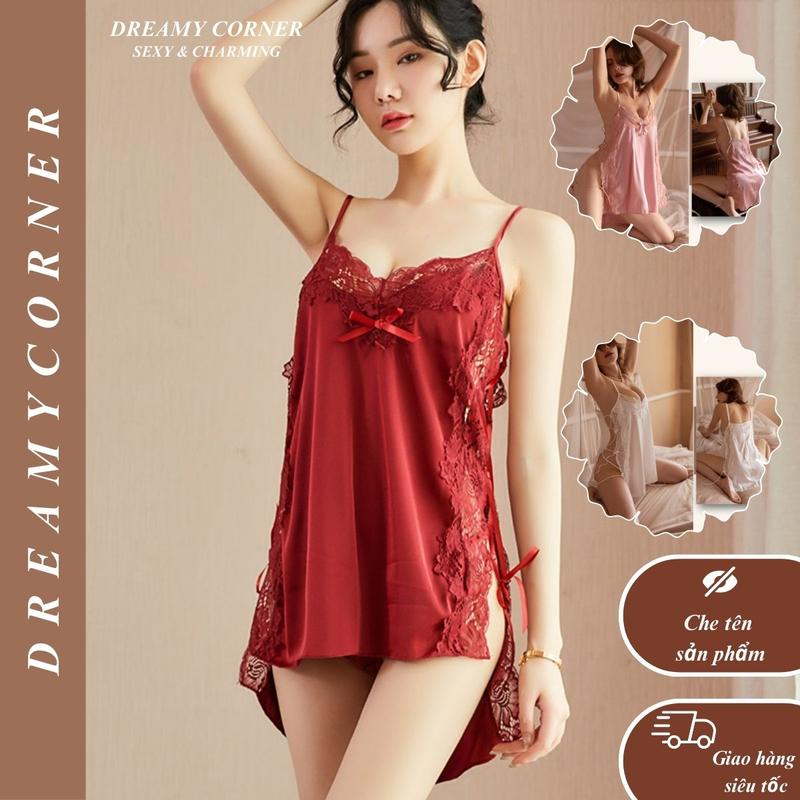  Váy ngủ lụa đan dây 2 bên hông viền ren hoa sexy quyến rũ DN74 Đầm ngủ nữ gợi cảm cám dỗ mặc nhà thoải mái 