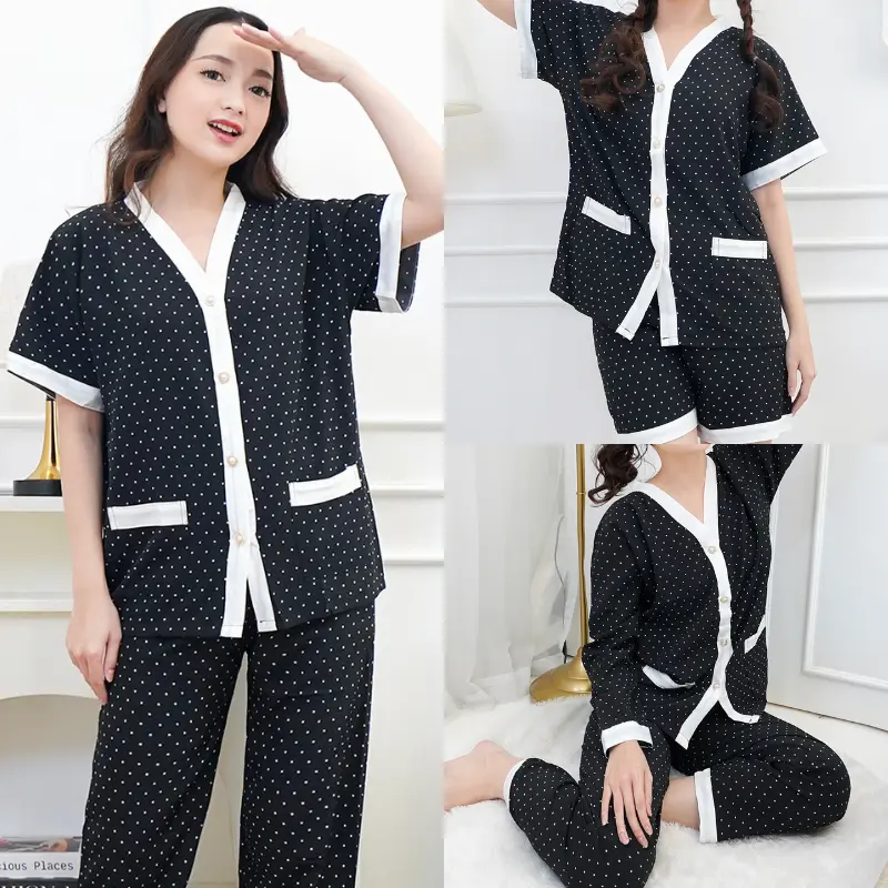 EMILY PIYAMA Baju Tidur Set Piyama Model Dot Putih Satin Kancing Depan Fit Pakaian Tidur Wanita Dewasa 0