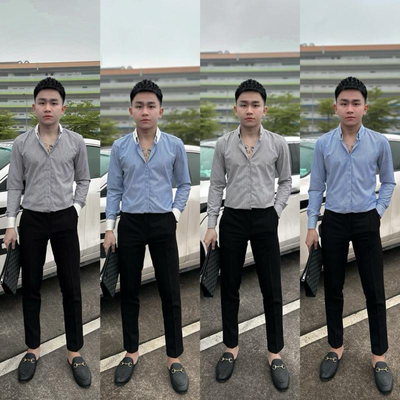 ÁO SƠ MI KẺ XÁM CHẤT LIỆU NẾN DÀNH CHO NAM, THẤM HÚT TỐT LUXURY