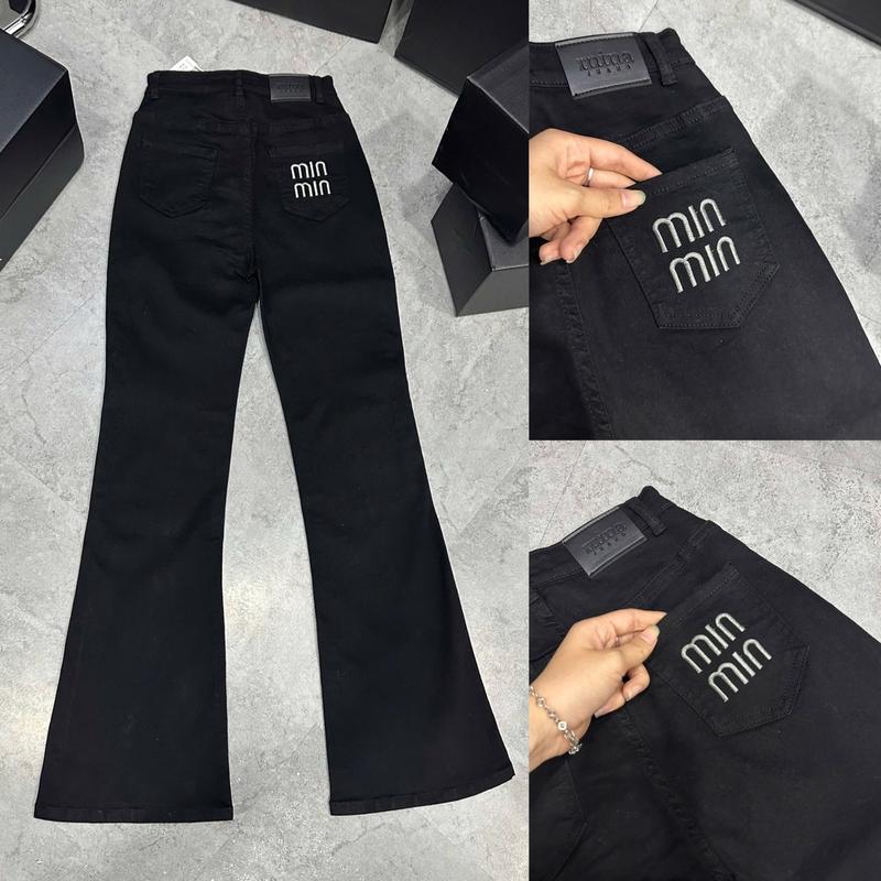 Có Dáng Ngắn 95cm Quần Jean Loe Trơn Thêu Túi Sau Chữ "MIN" Vải Co Giãn Đàn Hồi Tốt