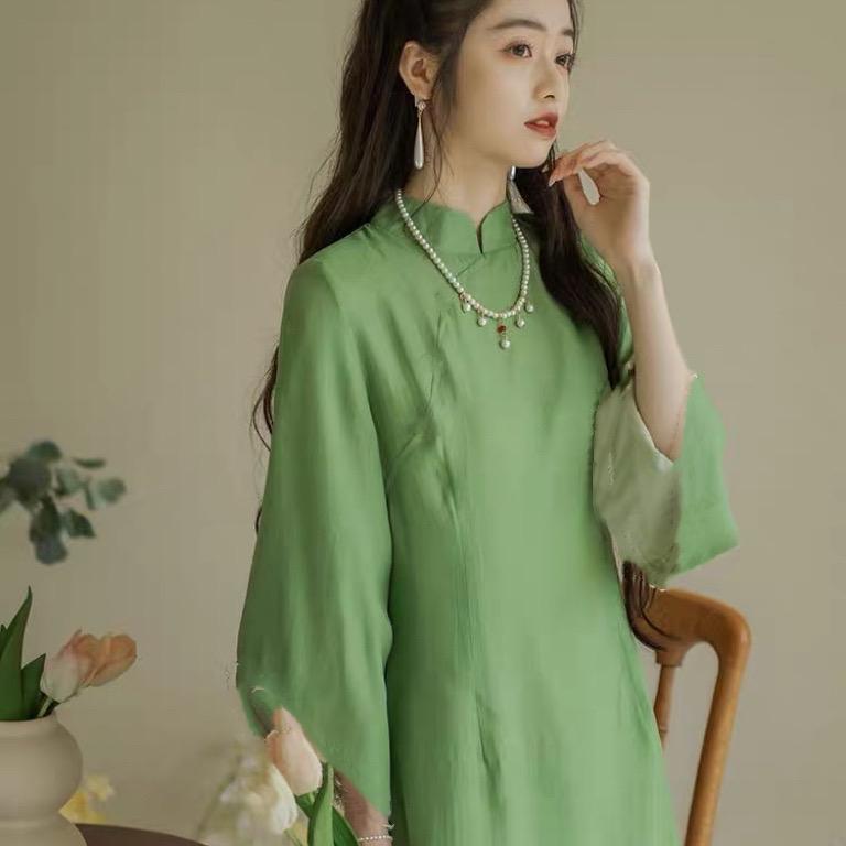 Áo Dài Voan Tơ Organza Xanh Đậu Lót Lụa Fom Suông Rộng Kèm Quần Lụa Cho Nữ tết 9