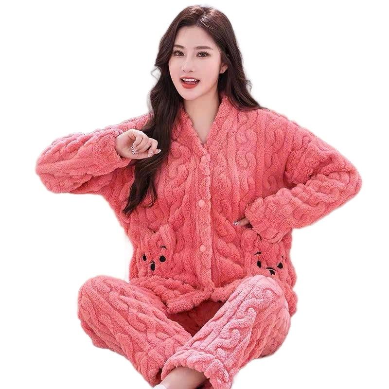  Bộ ngủ bông tuyết nhung túi gấu đáng yêu  set bộ ngủ áo khoác cài khuy bông mềm nhẹ,giữ nhiệt 