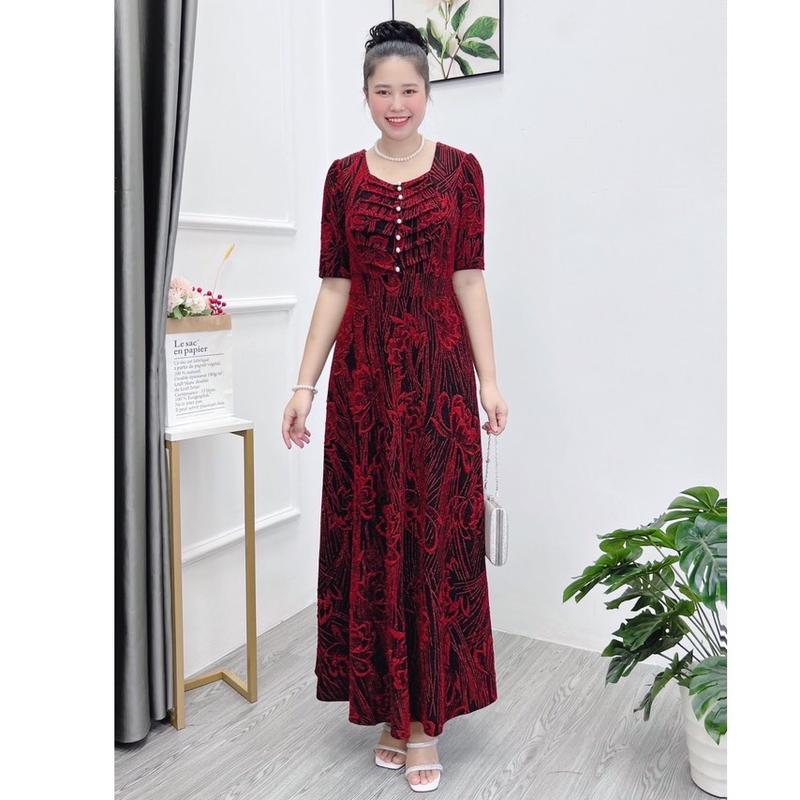  Đầm Trung Niên Dáng Dài M405 vải nhủ Từ 48-75kg co giãn Ôm gọn Thanh lịch Dress Váy Nữ đỏ Thun Women  Sen Voi Voan 