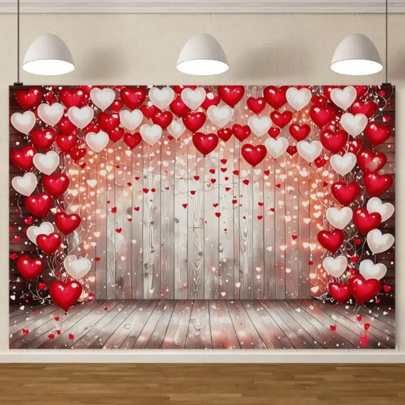 Heart Shaped Balloon Pattern Background Banner, 1 Count Wooden Board Background Banner, Photo Background, Birthday Background, Anniversary 0