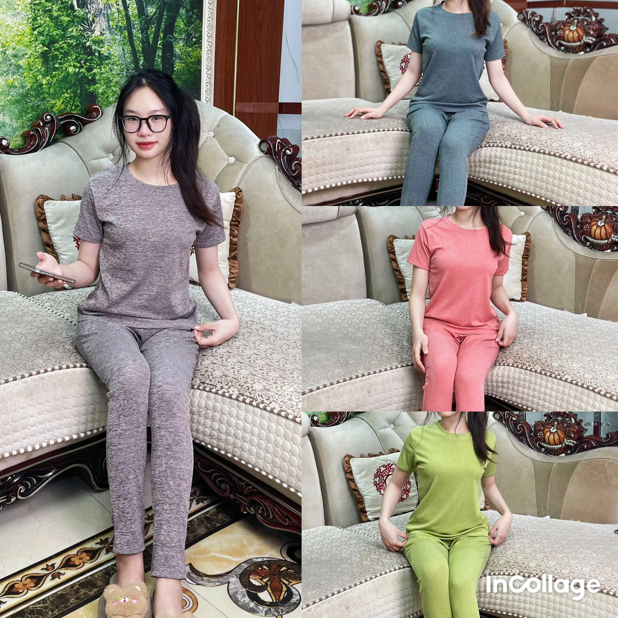 Bộ Đốm Cổ Tròn Chất Tăm Lạnh Tay Ngắn Quần Baggy Cho Nữ