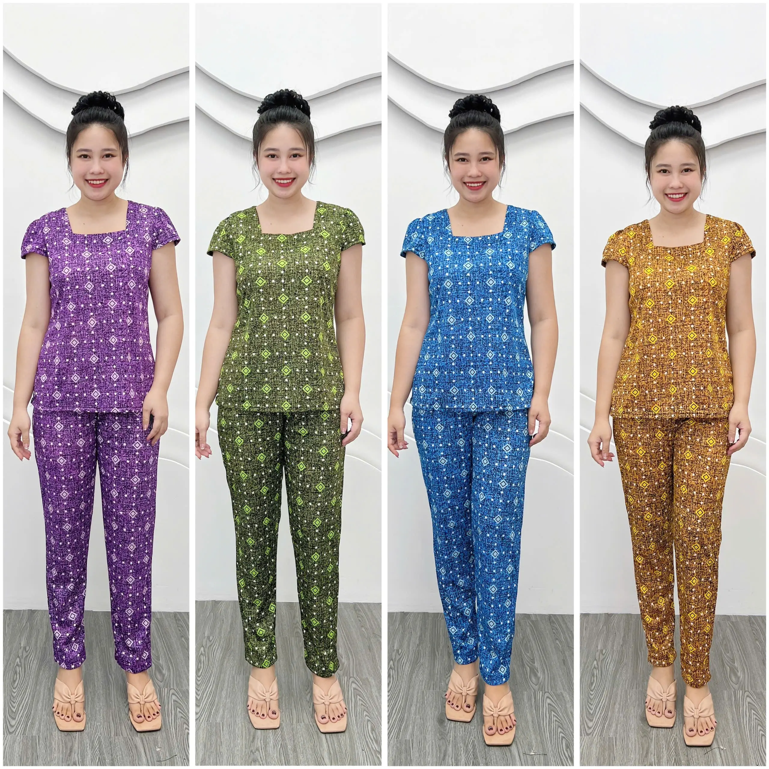 A2 Combo 4 bộ đồ nữ thun Aty thường, mềm, nhẹ, cổ vuông, quần dài, 45-70kg Nhung Top