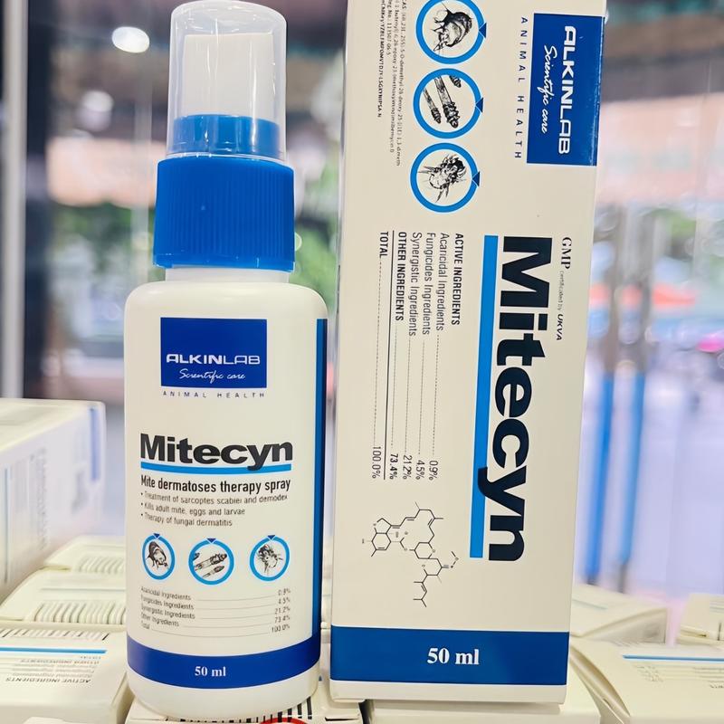 Mitecyn (Alkin) chai 50ml xịt ngoài da chó mèo trị ve, rận, bọ chét, bọ nhảy và dm điều trị viêm da do ghẻ Demodex gây ra hàng Anh Quốc do Kỳ Nam phân phối có tem chống giả.