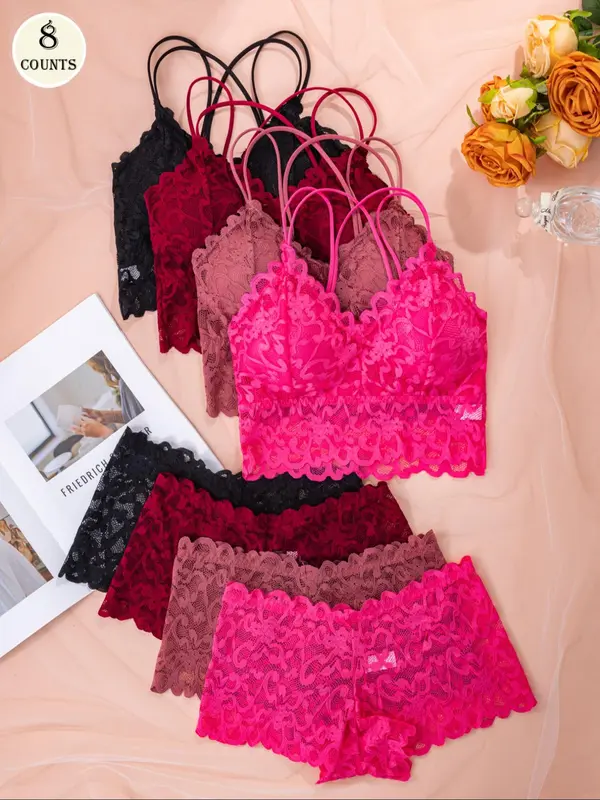 Women's Contrast Lace Backless Bra & Shorts Underwear Set, Sexy Comfy Breathable Lingerie Set for Daily Wear, Underwear Set for Women 5