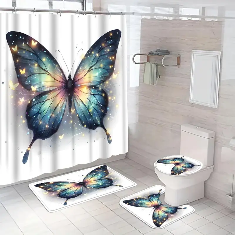 Butterfly Pattern Shower Curtain, 1 Count Colorful Butterfly Pattern Shower Curtain with 4 Counts Hooks, Bathroom Decor Supplies for Home Hotel Salon Dormitory 5