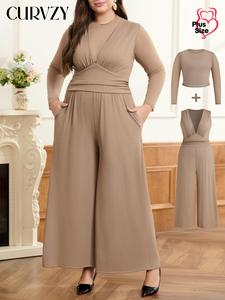 CURVZY Plus Size Two-Piece Set Solid Ribbed Top & Mesh Overlay Jumpsuit Set, Casual Long Sleeve Top & Wide Leg Jumpsuit for Daily Wear, Women's Two-piece Outfits for Spring & Fall