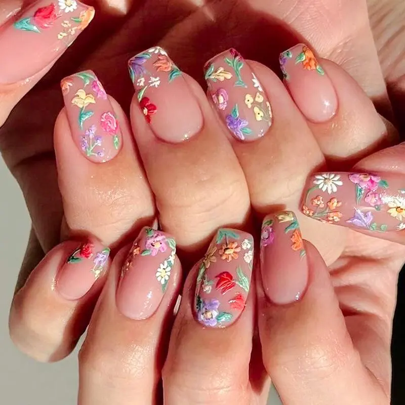 Flower Pattern Fake Nails with Nail File & Tape, 1 Box French Style Square Press on Nails for Women & Girls DIY Nail Art, Elegant Stick on Nails Kit