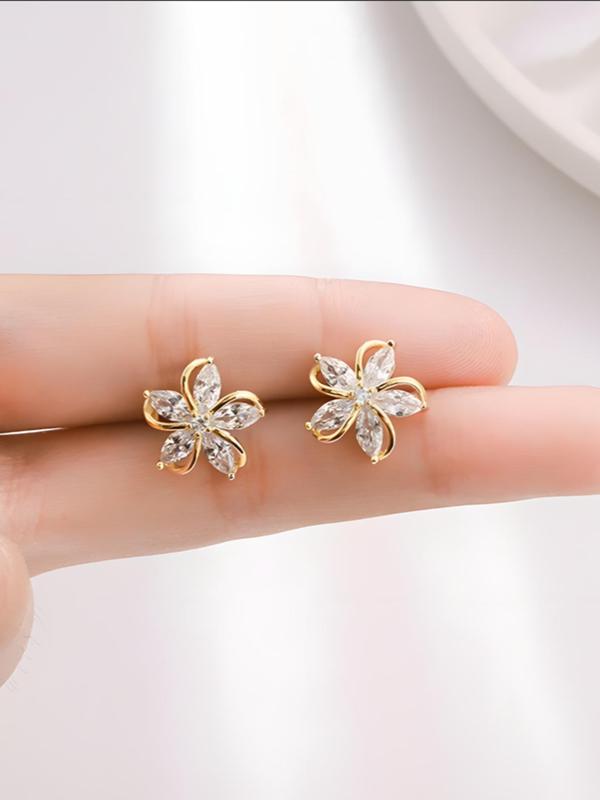 1 Pair Minimalist Elegant Rhinestone Decor Flower Shaped Design Stud Earrings, Fashion Jewelry For Women 1