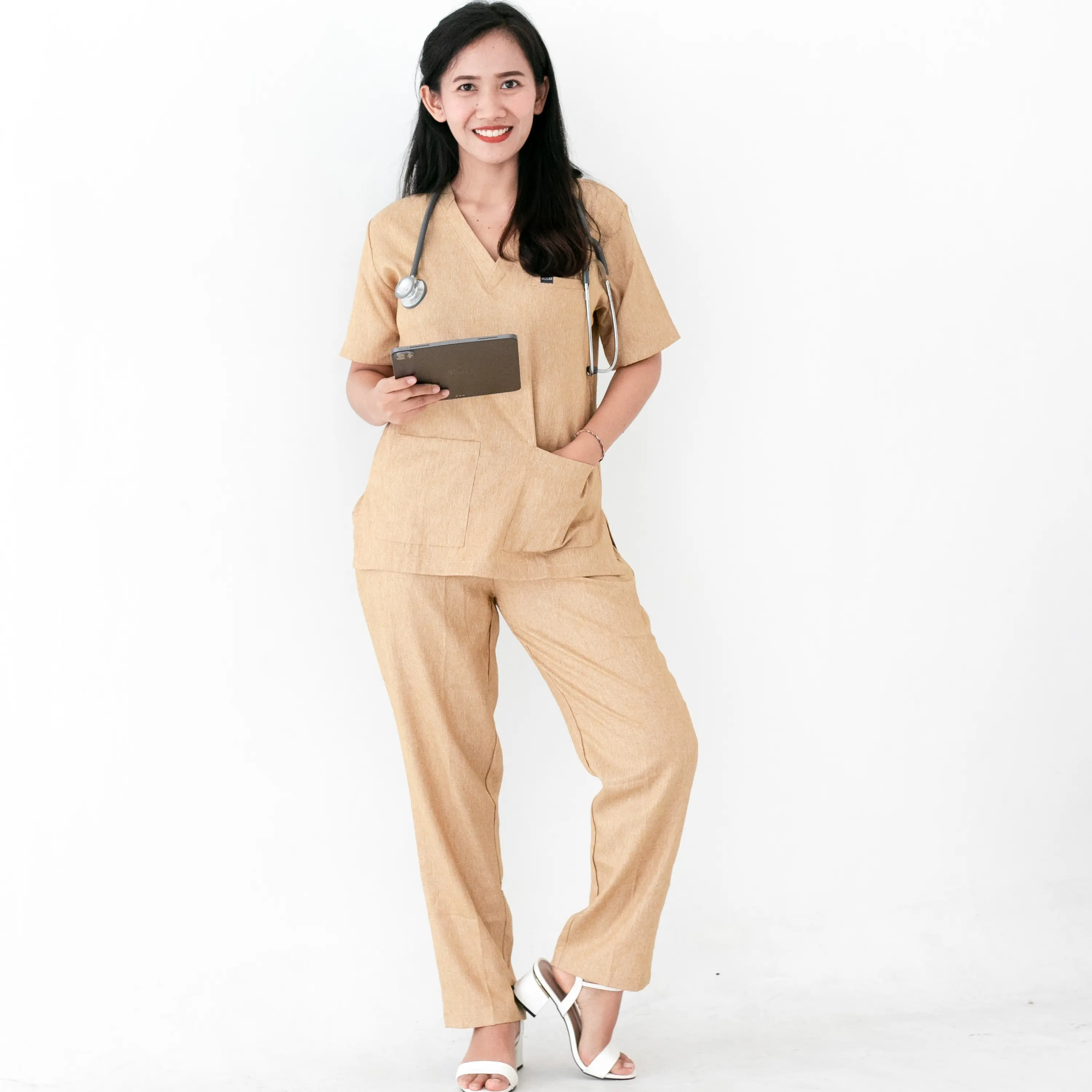 [Two Tone Collection Cream] Scrub Dokter / Baju Jaga Dokter / Baju OK / Baju Perawat / Dokter Lengan Pendek Warna Cream Denim