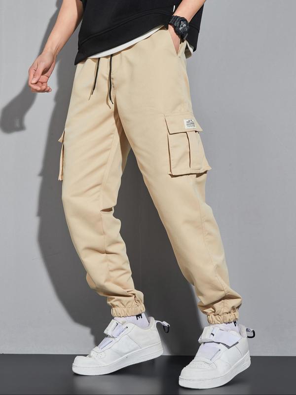 Men's Letter Patched Pocket Cargo Pants, Stylish Loose Drawstring Trousers, Drippy Outfits, Going Out Outfit, Menswear Clothing 3