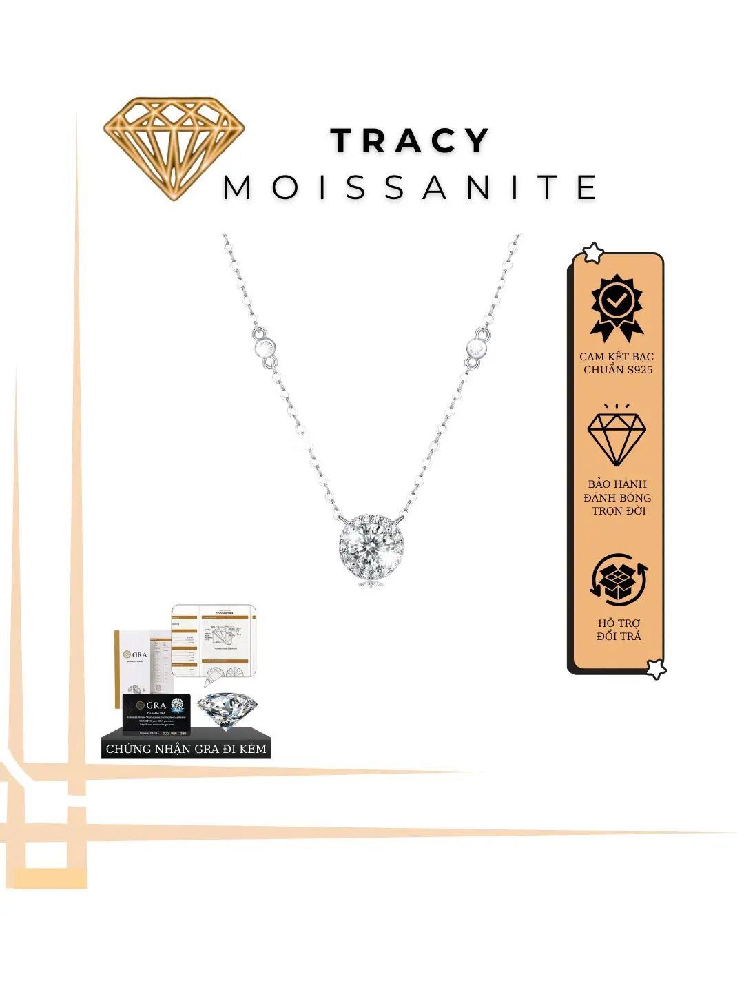 1CARAT [Moissanite] , Dây chuyền Starlight Moissanite, Bạc s925 si vàng trắng 18k,Sang Trọng, Tinh Tế, Kiểm Đinh GRA