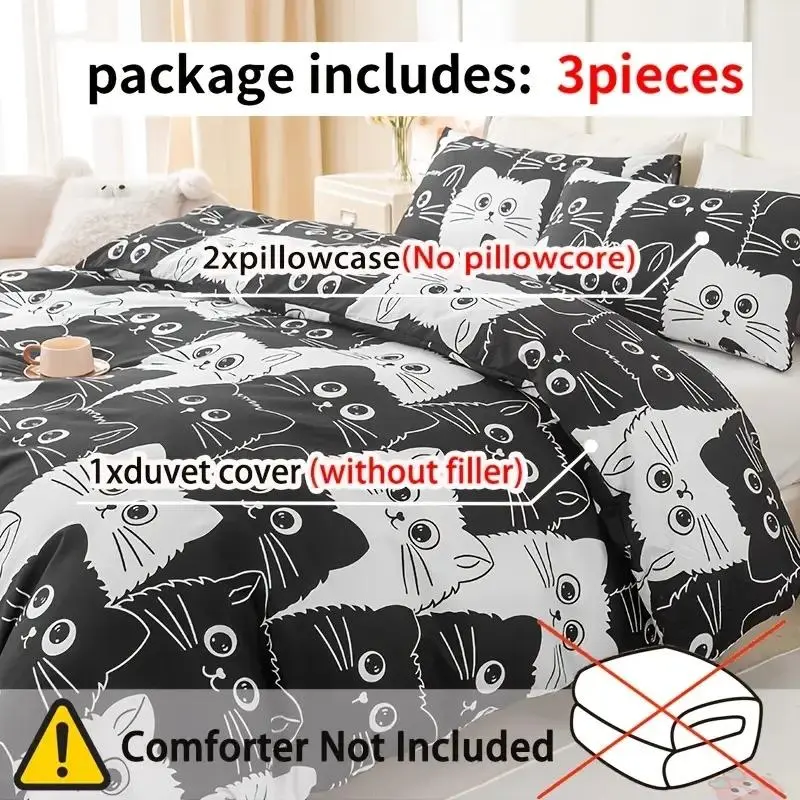 Cat Pattern Bedding Set, 3 Counts/set Including 1 Count Quilt Cover & 2 Counts Pillowcase without Filler, Soft Comfortable Bedding Set for Bedroom 5
