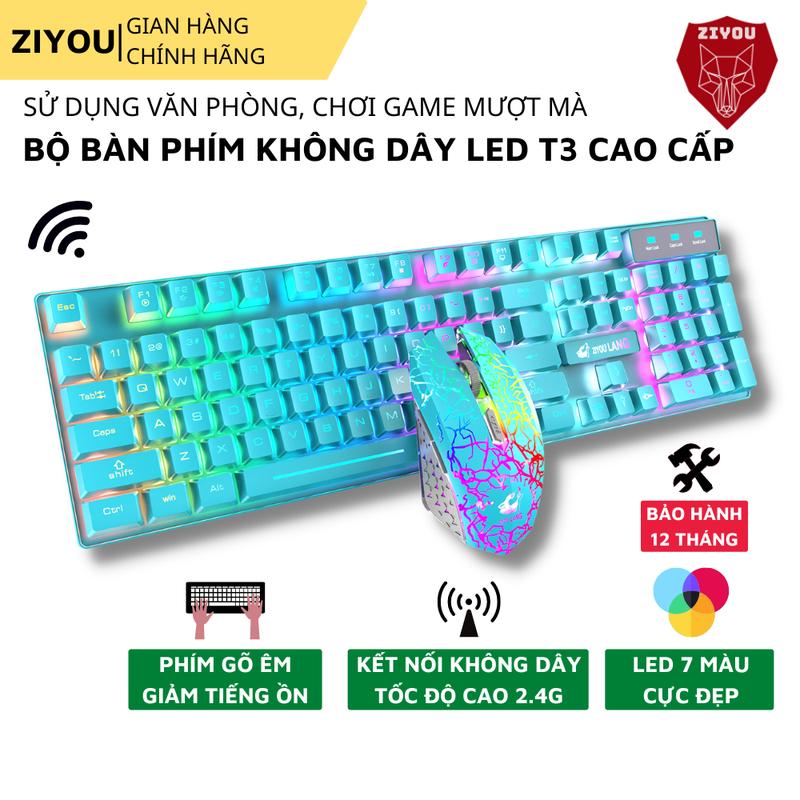 Bộ Bàn Phím Chuột Không Dây Gaming LED Ziyou T3 Phím Full Size Pin Sạc Kết Nối 2.4G Phím Giả Cơ Cao Cấp Gõ Êm Giảm Ồn Cho Máy Tính, Điện Thoại