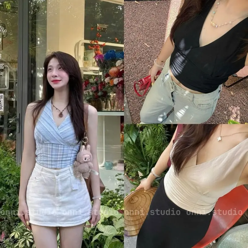 [Có dây To/Nhỏ] Áo croptop cổ yếm ONNI.STUDIO buộc dây chất vải linen Freesize - A001