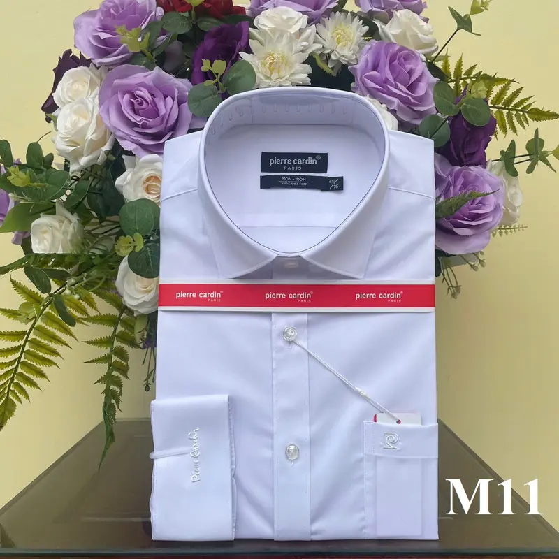 Áo Sơ Mi Nam Pie Cadin, Sơ Mi Trắng Trơn dài tay thêu chữ xanh, Sơ Mi Nam Hàng Xuất Dư Xịn Đẹp 1