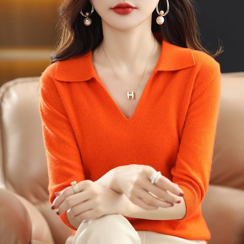 Áo Phông Nửa Tay Áo, Cổ Polo, Đồ Len, Dành Cho Phụ Nữ, Hàng Mới Về Mùa Xuân, Mũ Trùm Đầu Dáng Rộng Rãi, Áo Len Dễ Phối Đồ Ngắn, Áo Sơ Mi Lớp Cơ Sở, Áo Nữ 3