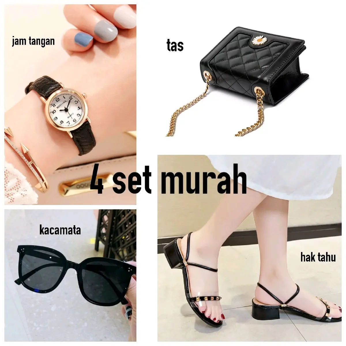 Paket Isi 4 Beli Heels sandal Wanita Hak Tahu Hadiah Jam Tangan Tas dan Kacamata Sendal