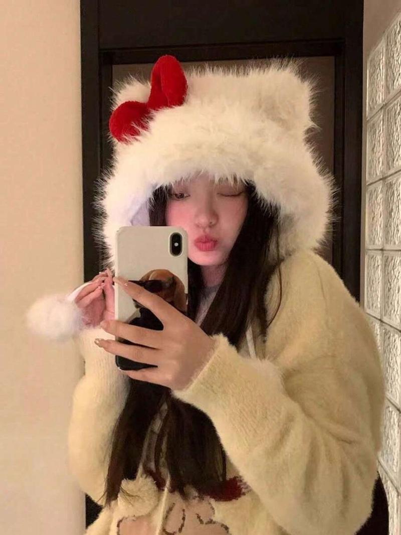 Product Introduction of Cute Cartoon Character Cat Ear Decor Plush Hat, Bow Decor Warm & Windproof Plush Hat for Women & Girls, Fashion Accessories for Daily Wear 2