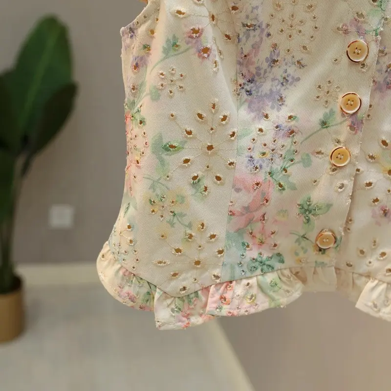 Áo Sơ Mi Ngắn Tay Cổ Tròn Cổ Điển Tay Áo Rung Nhỏ Dành Cho Nữ, Thiết Kế Hoa Ngọt Ngào Hàng Mới Về Mùa Hè, Mỏng Vừa Vặn, Áo Thêu, 2025 sinh  viên  dav  đồng  phục bụng  bầu  giả  silicon 3