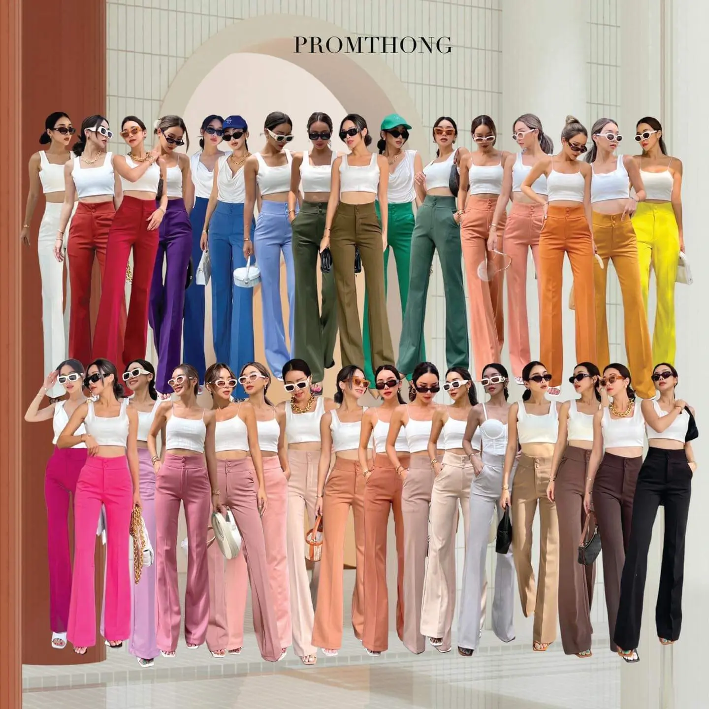 Celana Promthong C2B High Waist Cutbray 2 Kancing Bulat Katun Stretch Bangkok Wanita