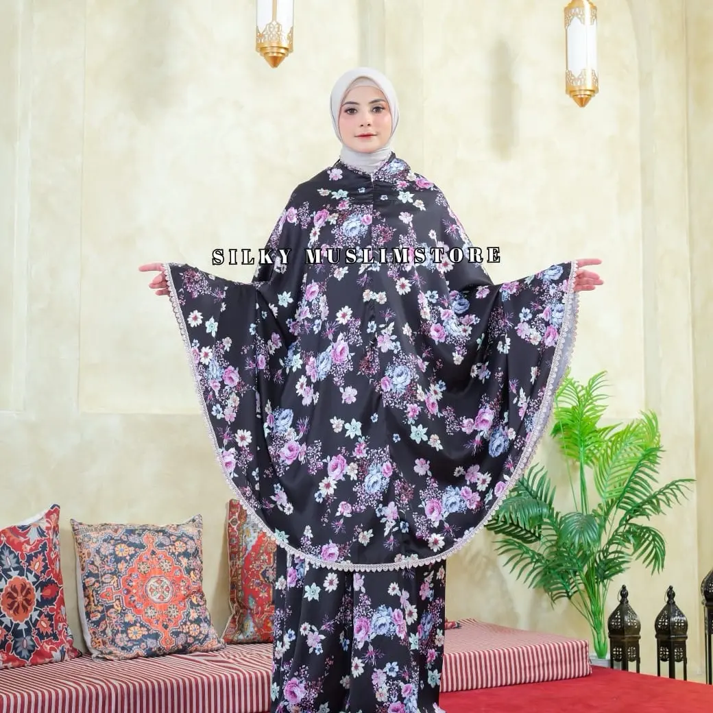 SILKY MUSLIMSTORE  Mukenah senada Traveling  Dewasa Armania silk jumbo motif Bunga mewah  Renda Cantik