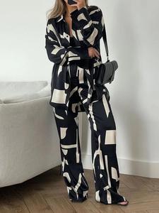 Women's Geometric Print Button Shirt & Wide Leg Pants Two-piece Set, Elegant Fashion Casual Two Piece Outfits for Daily Outdoor Wear, Women Clothes for Spring Fall