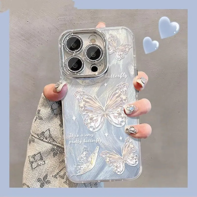 Comes with Lens Film Feather Gauze /Glitter Butterfly Case for iPhone 15, 14 Pro Max, Apple 13 with Lens Protector, 12/11/XS/8